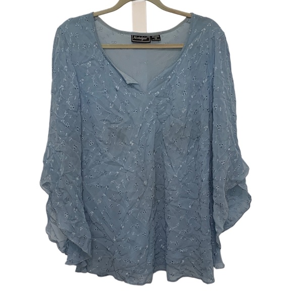 Vintage Tops - Y2K Nostalgia Blue Eyelet Bell Sleeve Blouse
